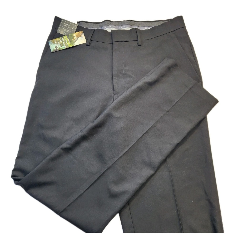 Haggar Men's Premium Comfort Dress Pants Black Flat Front Straight Leg 32x32 NWT